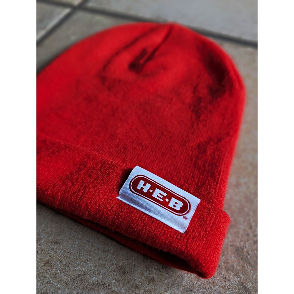 H-E-B Red Solid Knit Beanie Hat One Size Logo Patch Winter HEB Texas Gift